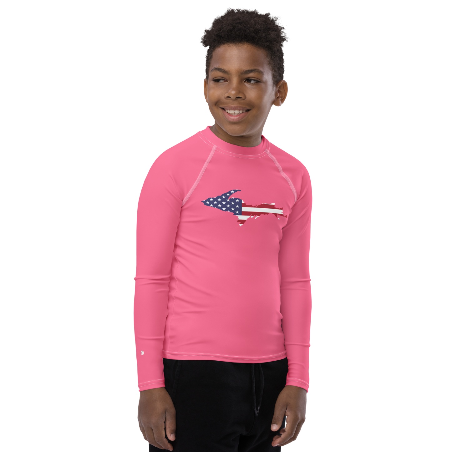 Michigan Upper Peninsula Rash Guard (w/ UP USA Flag) | Youth - Rhodochrosite Pink