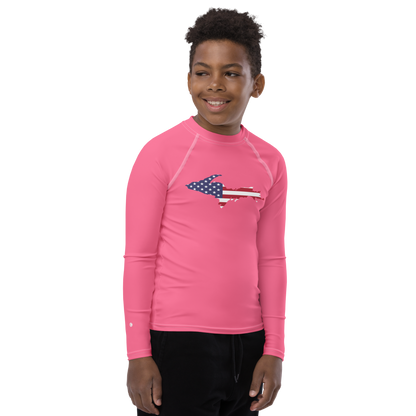 Michigan Upper Peninsula Rash Guard (w/ UP USA Flag) | Youth - Rhodochrosite Pink