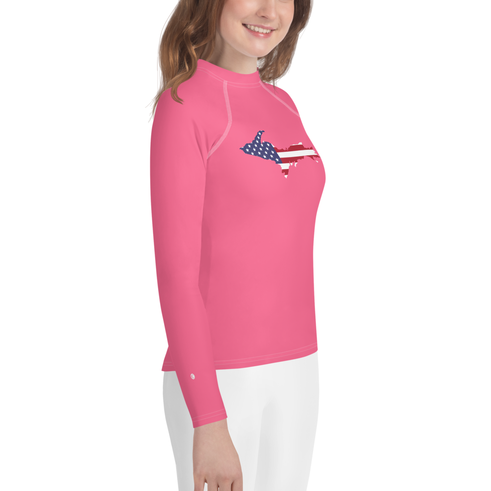 Michigan Upper Peninsula Rash Guard (w/ UP USA Flag) | Youth - Rhodochrosite Pink