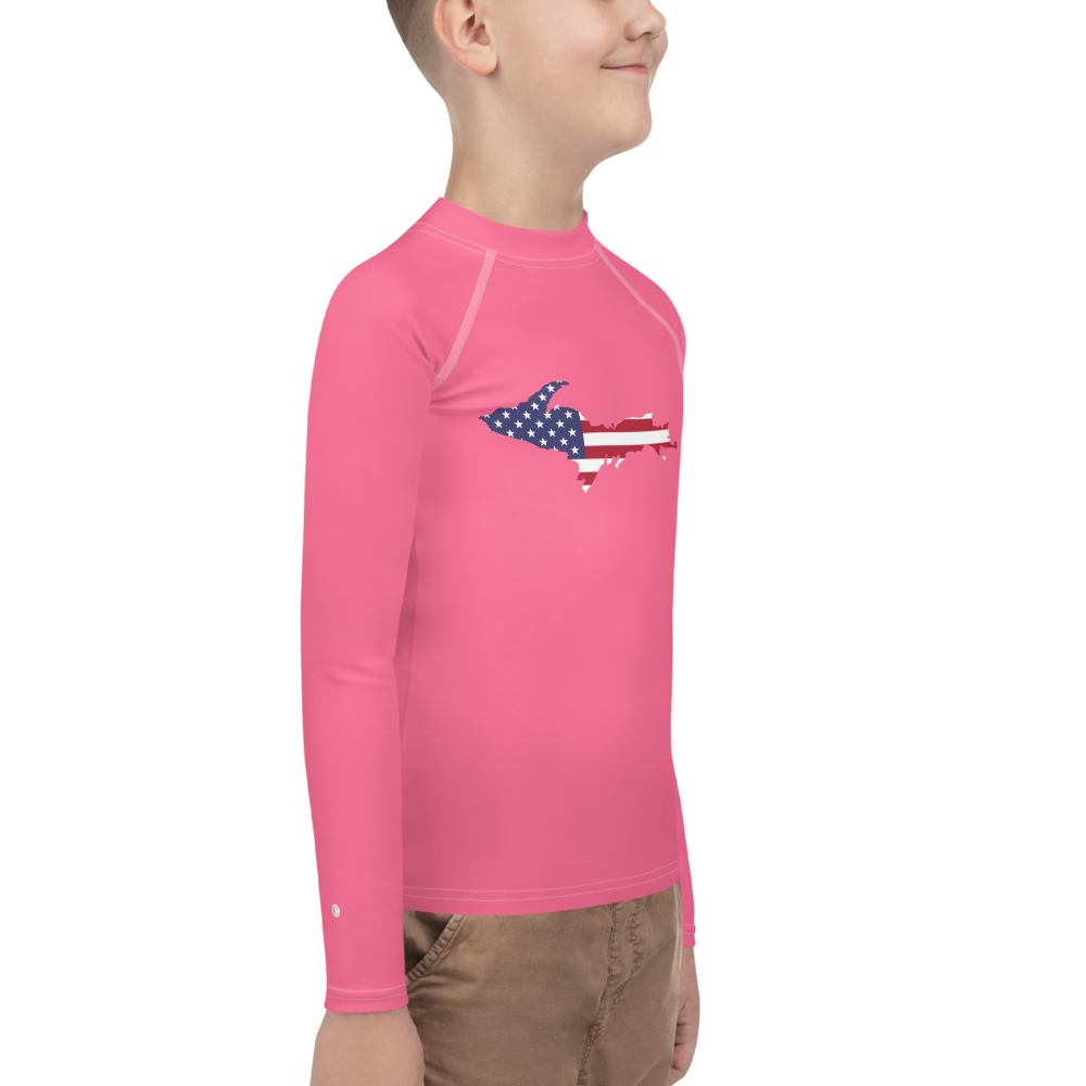 Michigan Upper Peninsula Rash Guard (w/ UP USA Flag) | Youth - Rhodochrosite Pink