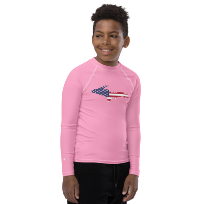 Michigan Upper Peninsula Rash Guard (w/ UP USA Flag) | Youth - Rhodochrosite Pink