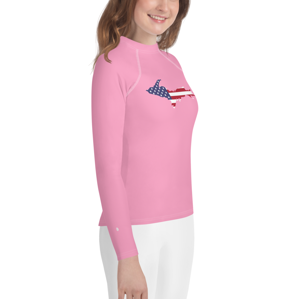 Michigan Upper Peninsula Rash Guard (w/ UP USA Flag) | Youth - Rhodochrosite Pink