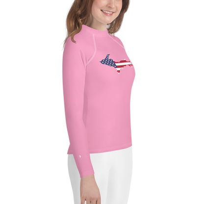 Michigan Upper Peninsula Rash Guard (w/ UP USA Flag) | Youth - Rhodochrosite Pink