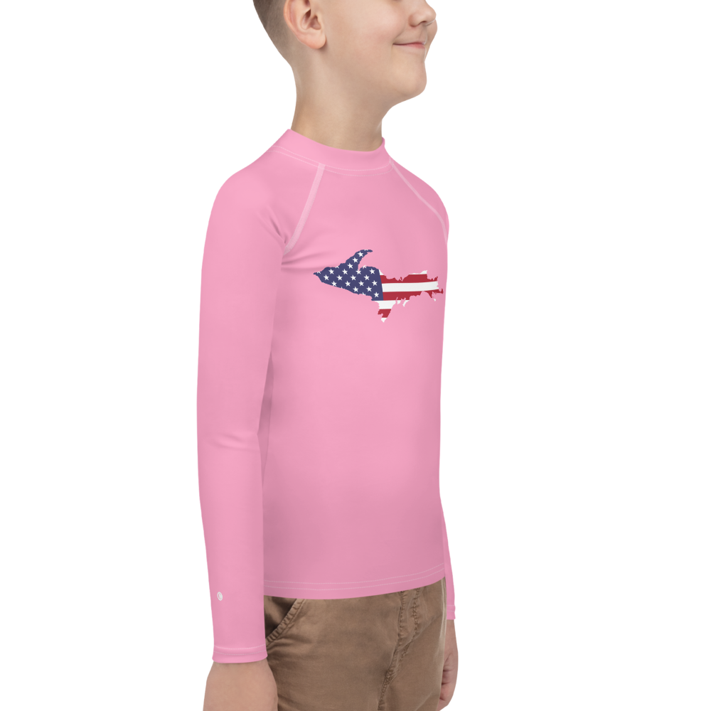 Michigan Upper Peninsula Rash Guard (w/ UP USA Flag) | Youth - Rhodochrosite Pink