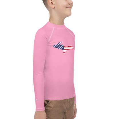 Michigan Upper Peninsula Rash Guard (w/ UP USA Flag) | Youth - Rhodochrosite Pink