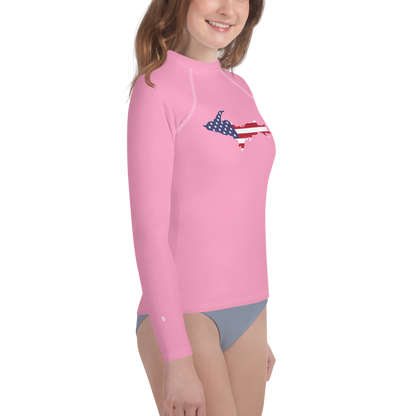 Michigan Upper Peninsula Rash Guard (w/ UP USA Flag) | Youth - Rhodochrosite Pink