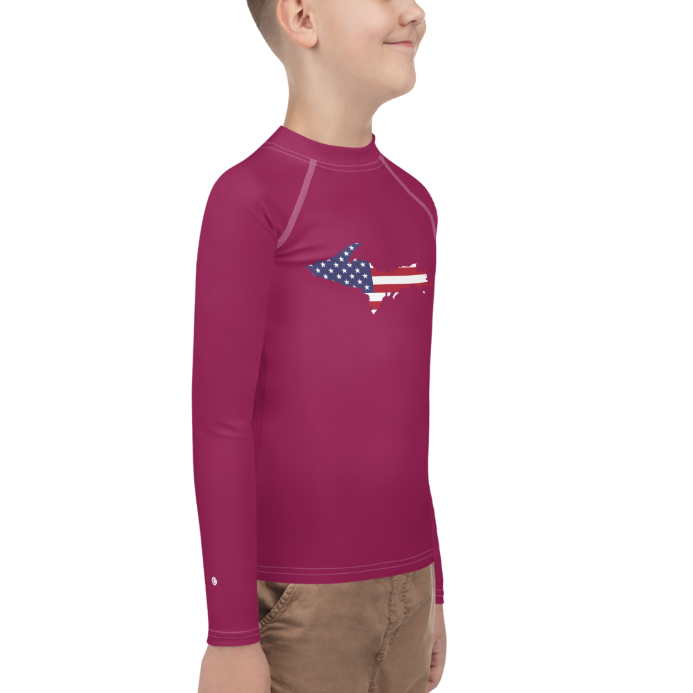 Michigan Upper Peninsula Rash Guard (w/ UP USA Flag) | Youth - Ruby Red