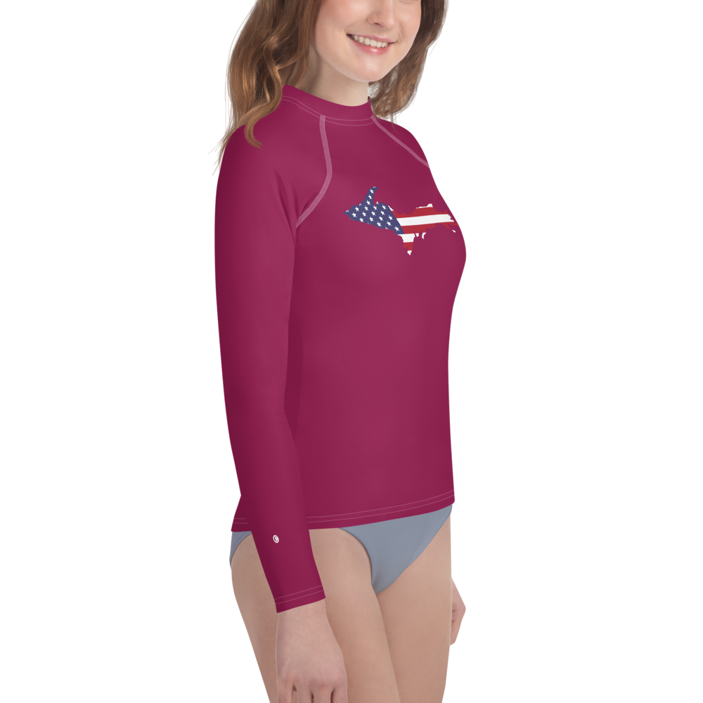 Michigan Upper Peninsula Rash Guard (w/ UP USA Flag) | Youth - Ruby Red