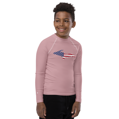 Michigan Upper Peninsula Rash Guard (w/ UP USA Flag) | Youth - Cherry Blossom Pink