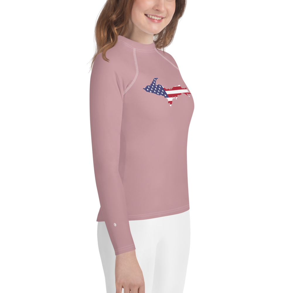 Michigan Upper Peninsula Rash Guard (w/ UP USA Flag) | Youth - Cherry Blossom Pink