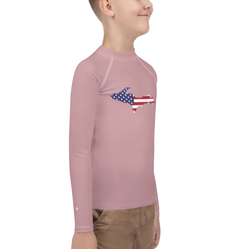 Michigan Upper Peninsula Rash Guard (w/ UP USA Flag) | Youth - Cherry Blossom Pink