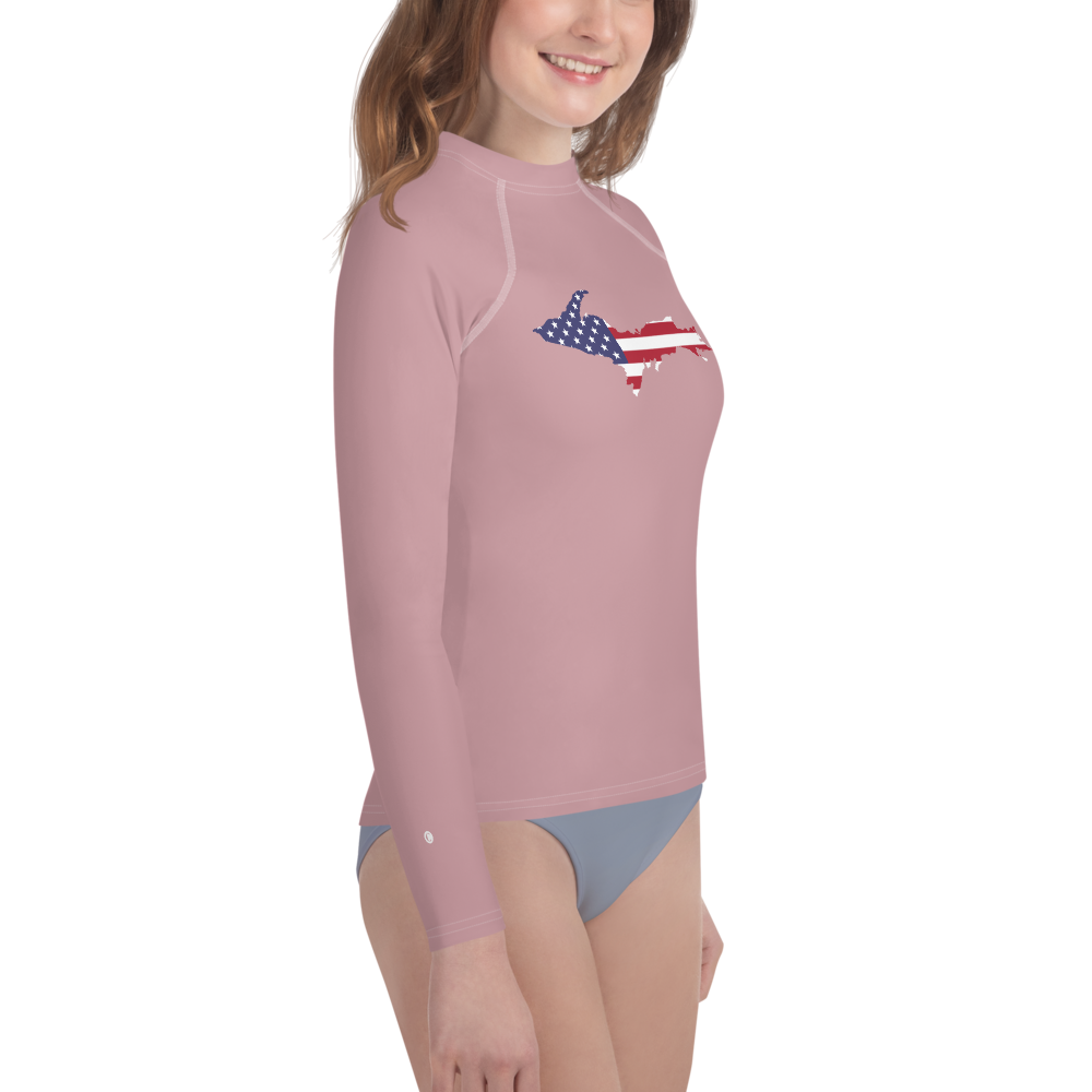 Michigan Upper Peninsula Rash Guard (w/ UP USA Flag) | Youth - Cherry Blossom Pink