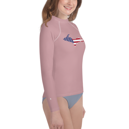 Michigan Upper Peninsula Rash Guard (w/ UP USA Flag) | Youth - Cherry Blossom Pink