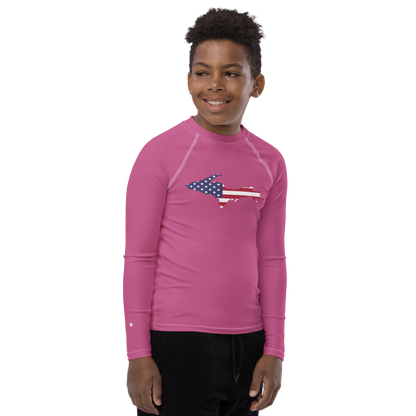 Michigan Upper Peninsula Rash Guard (w/ UP USA Flag) | Youth - Apple Blossom Pink