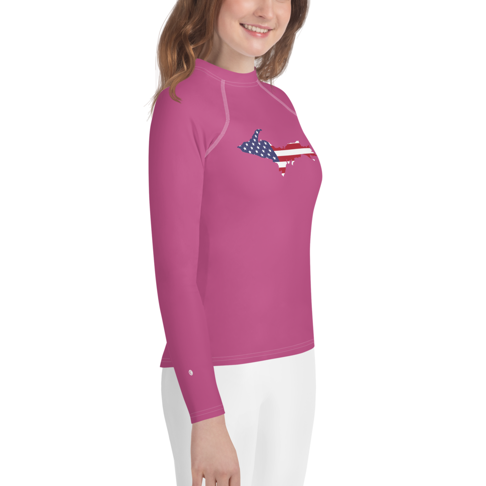 Michigan Upper Peninsula Rash Guard (w/ UP USA Flag) | Youth - Apple Blossom Pink