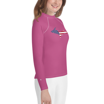 Michigan Upper Peninsula Rash Guard (w/ UP USA Flag) | Youth - Apple Blossom Pink