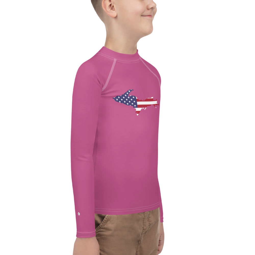 Michigan Upper Peninsula Rash Guard (w/ UP USA Flag) | Youth - Apple Blossom Pink