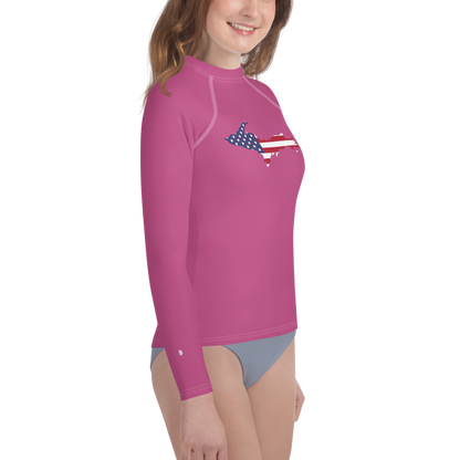 Michigan Upper Peninsula Rash Guard (w/ UP USA Flag) | Youth - Apple Blossom Pink