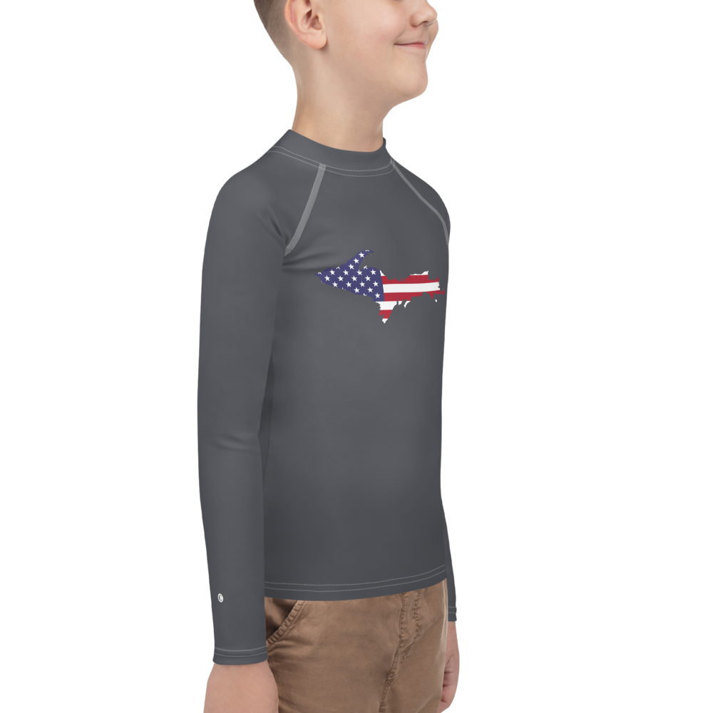 Michigan Upper Peninsula Rash Guard (w/ UP USA Flag) | Youth - Iron Ore Grey