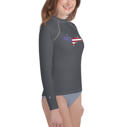 Michigan Upper Peninsula Rash Guard (w/ UP USA Flag) | Youth - Iron Ore Grey