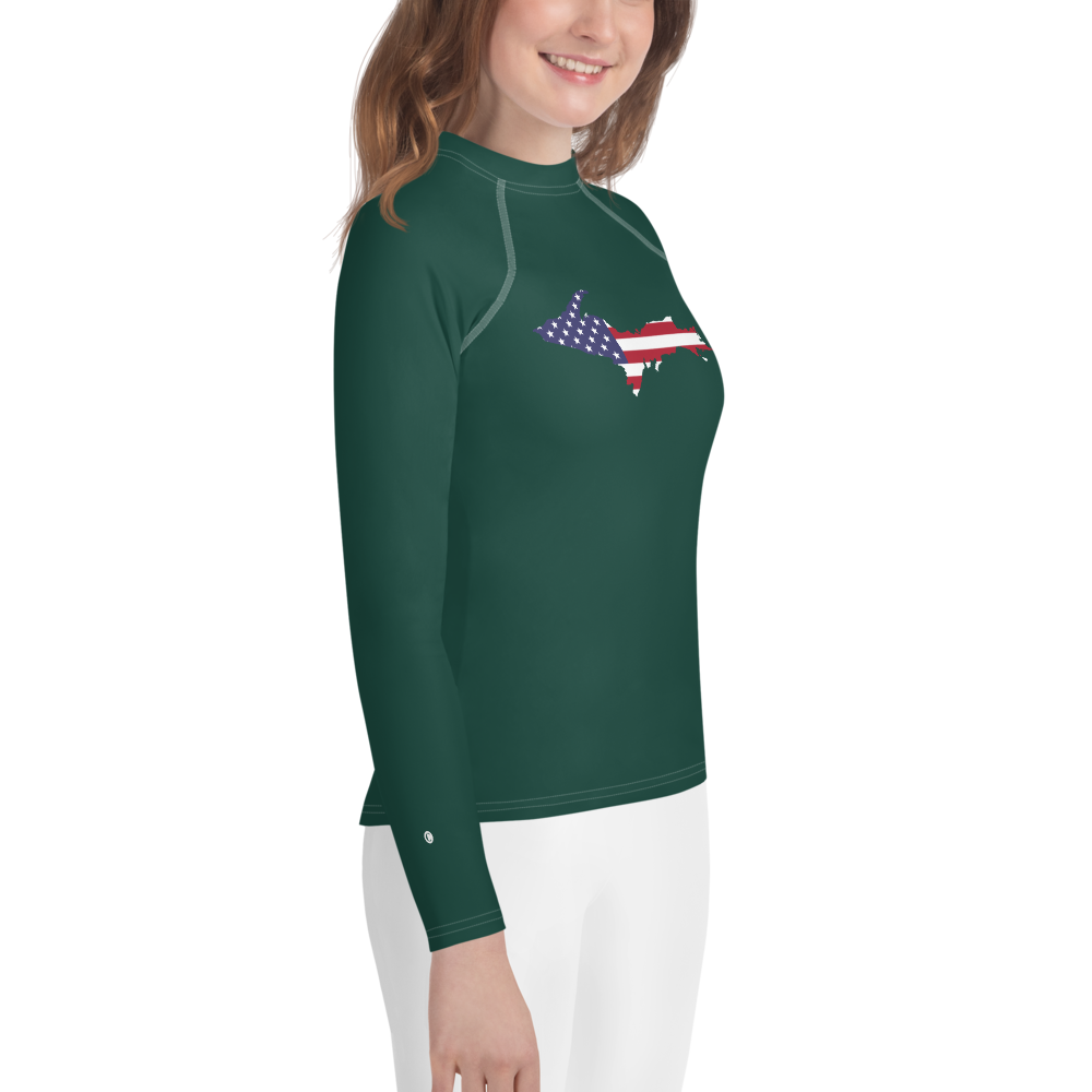 Michigan Upper Peninsula Rash Guard (w/ UP USA Flag) | Youth - Laconic Green