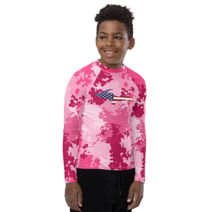 Michigan Upper Peninsula Rash Guard (w/ UP USA Flag) | Youth - Pink Camo