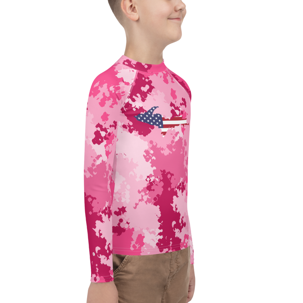 Michigan Upper Peninsula Rash Guard (w/ UP USA Flag) | Youth - Pink Camo