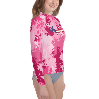 Michigan Upper Peninsula Rash Guard (w/ UP USA Flag) | Youth - Pink Camo