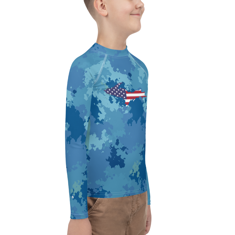 Michigan Upper Peninsula Rash Guard (w/ UP USA Flag) | Youth - Great Lakes Camo