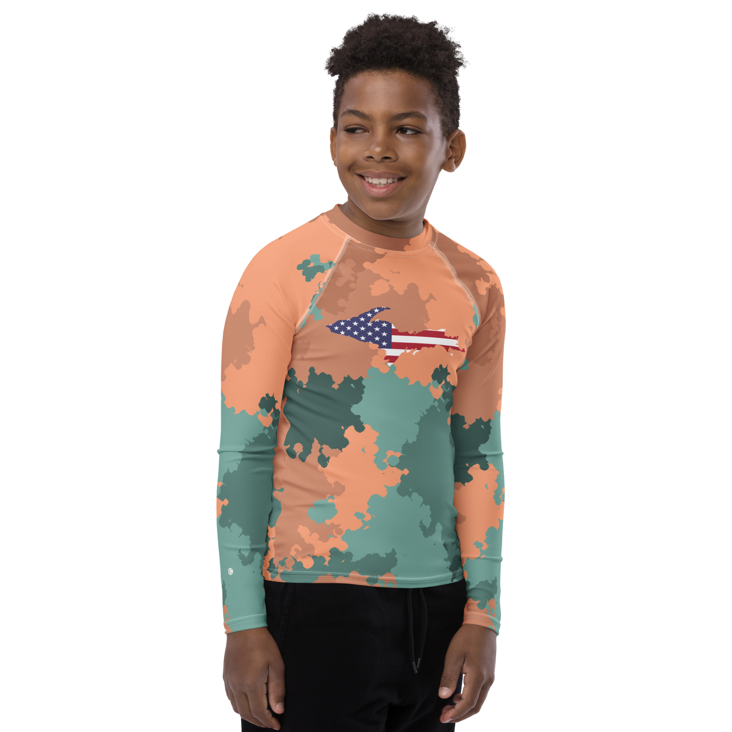 Michigan Upper Peninsula Rash Guard (w/ UP USA Flag) | Youth - Copper Country Camo