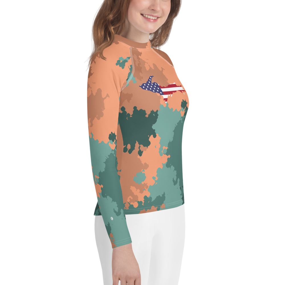 Michigan Upper Peninsula Rash Guard (w/ UP USA Flag) | Youth - Copper Country Camo