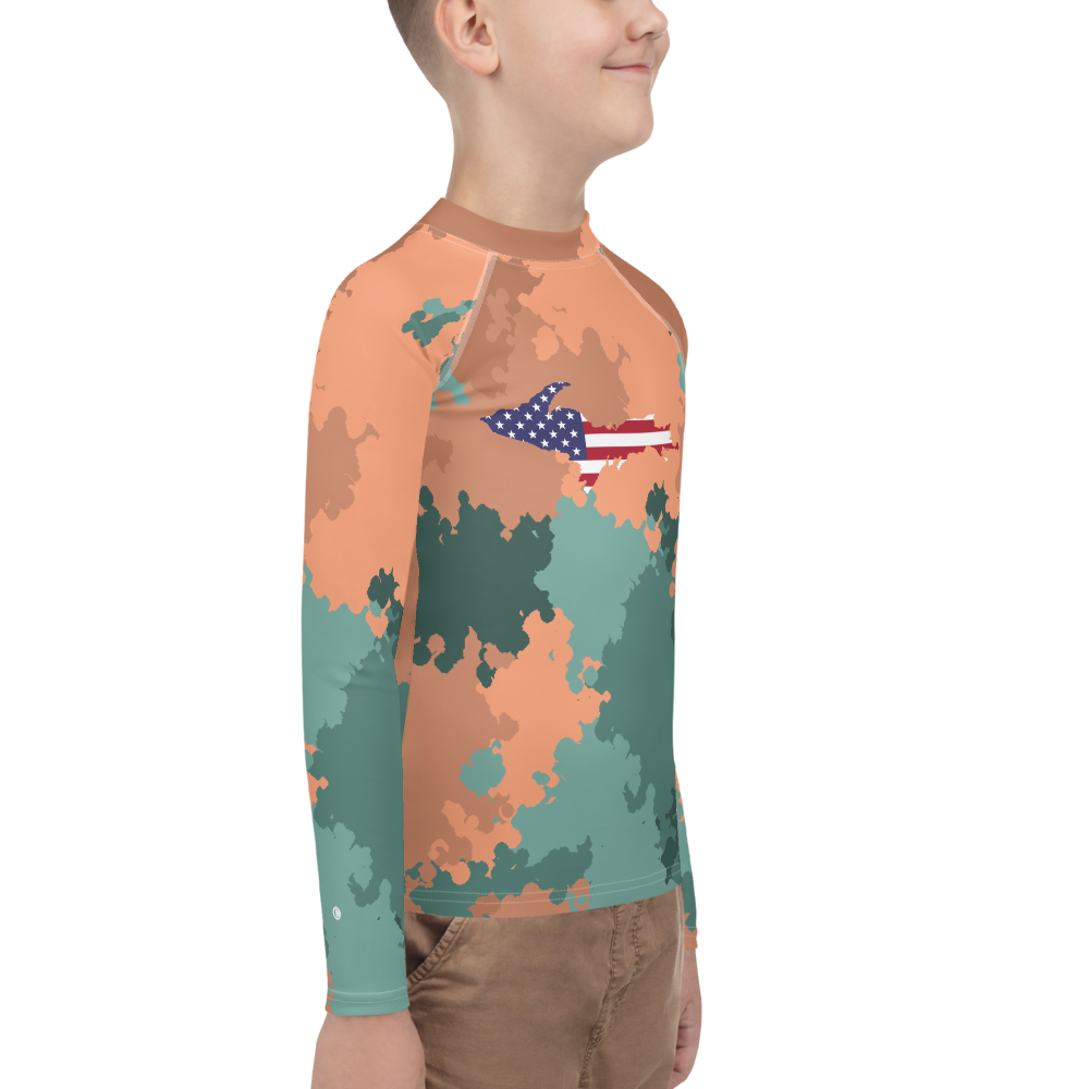 Michigan Upper Peninsula Rash Guard (w/ UP USA Flag) | Youth - Copper Country Camo