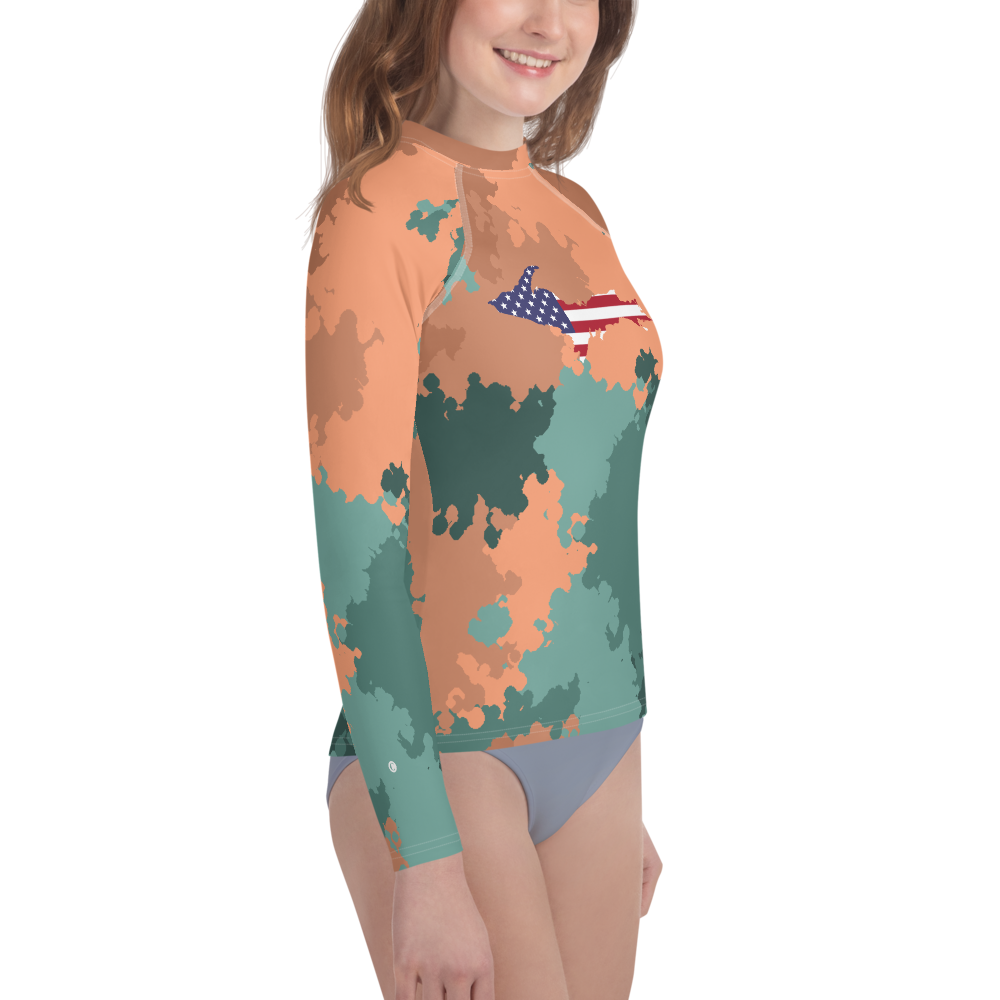 Michigan Upper Peninsula Rash Guard (w/ UP USA Flag) | Youth - Copper Country Camo