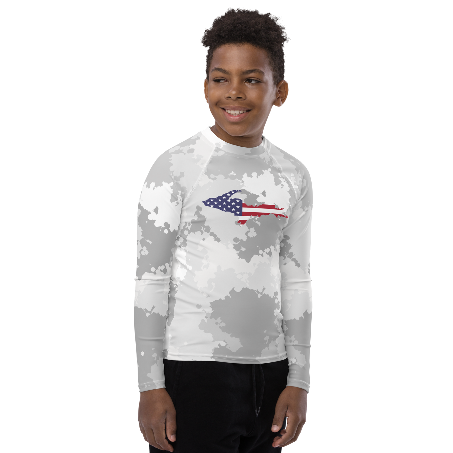 Michigan Upper Peninsula Rash Guard (w/ UP USA Flag) | Youth - Snow Camo