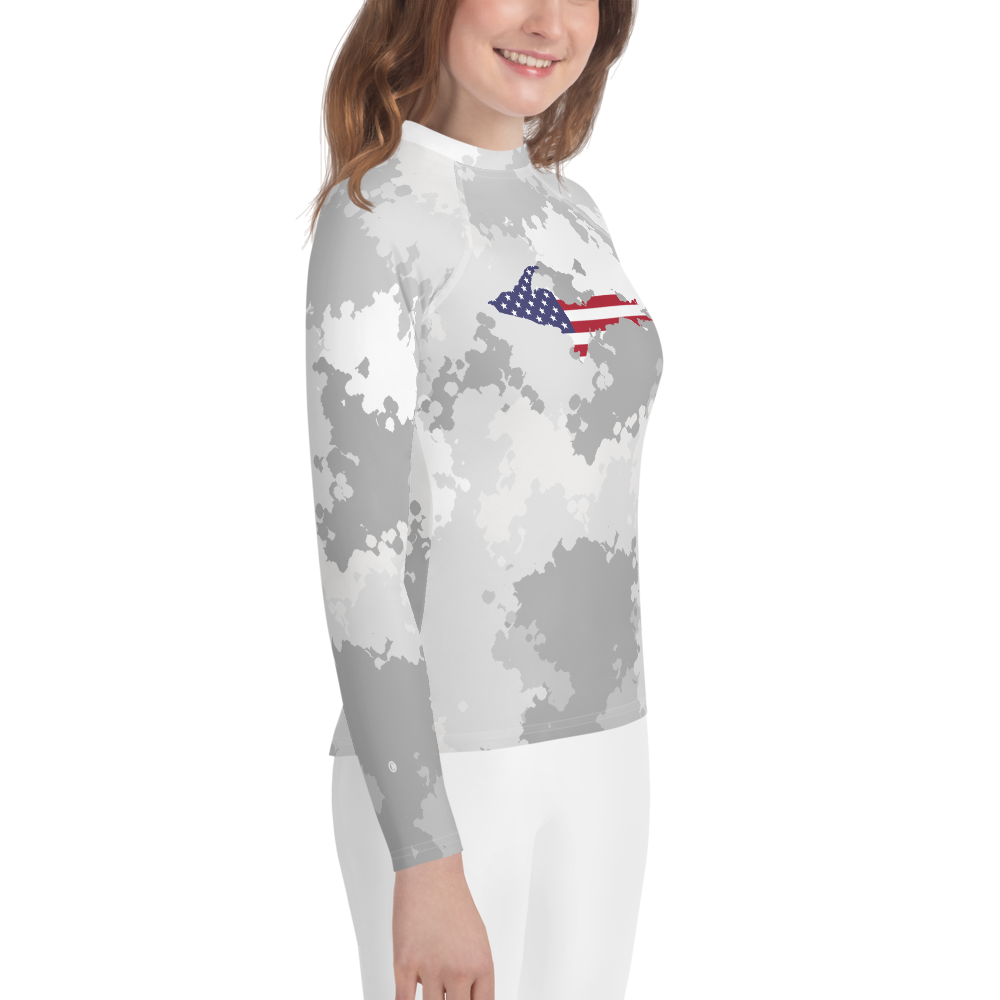 Michigan Upper Peninsula Rash Guard (w/ UP USA Flag) | Youth - Snow Camo