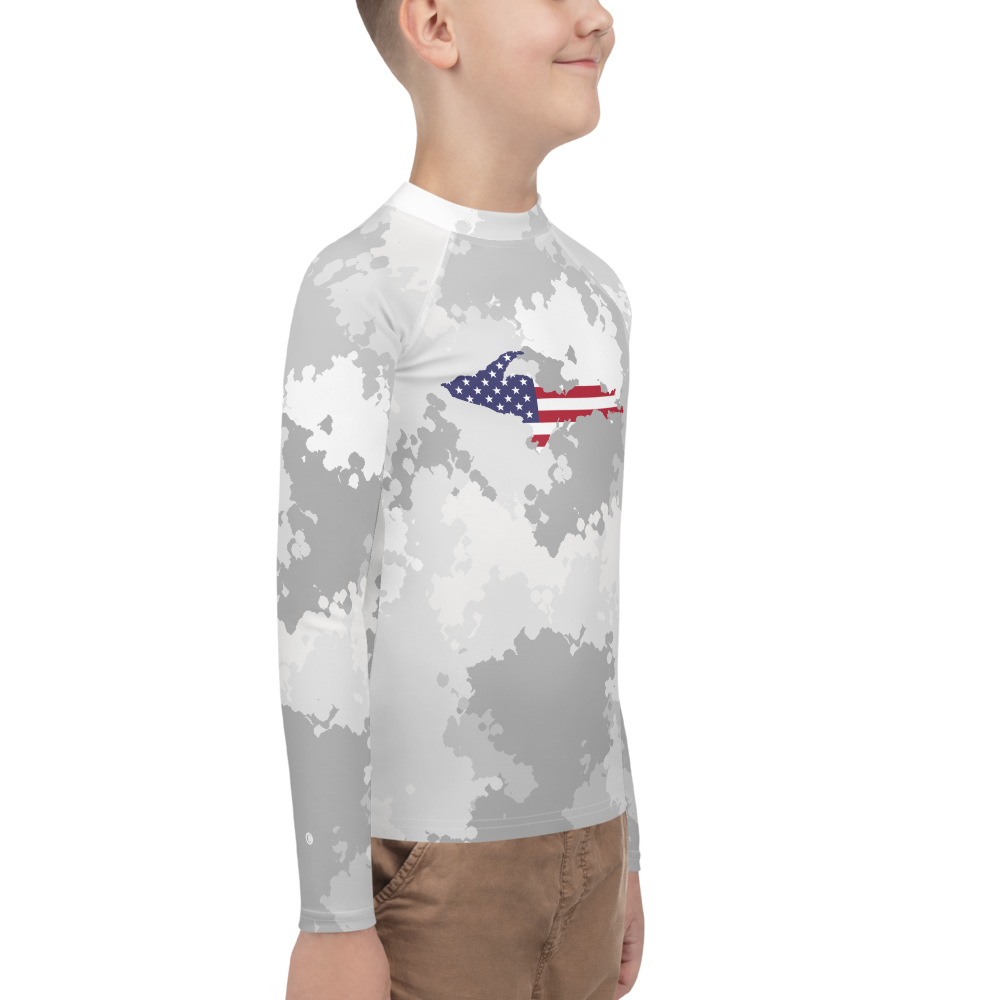 Michigan Upper Peninsula Rash Guard (w/ UP USA Flag) | Youth - Snow Camo