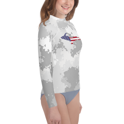 Michigan Upper Peninsula Rash Guard (w/ UP USA Flag) | Youth - Snow Camo