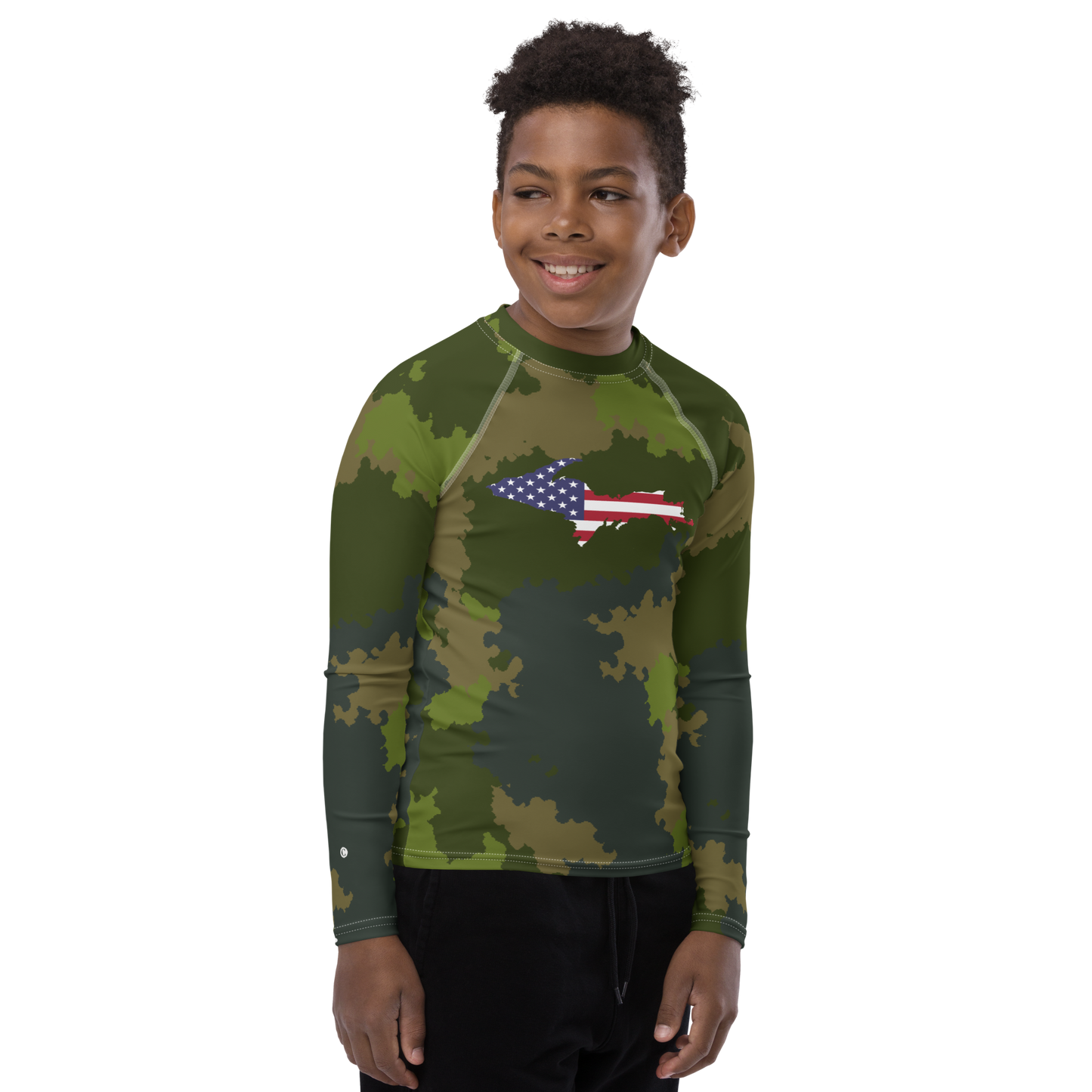 Michigan Upper Peninsula Rash Guard (w/ UP USA Flag) | Youth - Woodland Camo