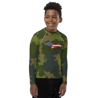 Michigan Upper Peninsula Rash Guard (w/ UP USA Flag) | Youth - Woodland Camo