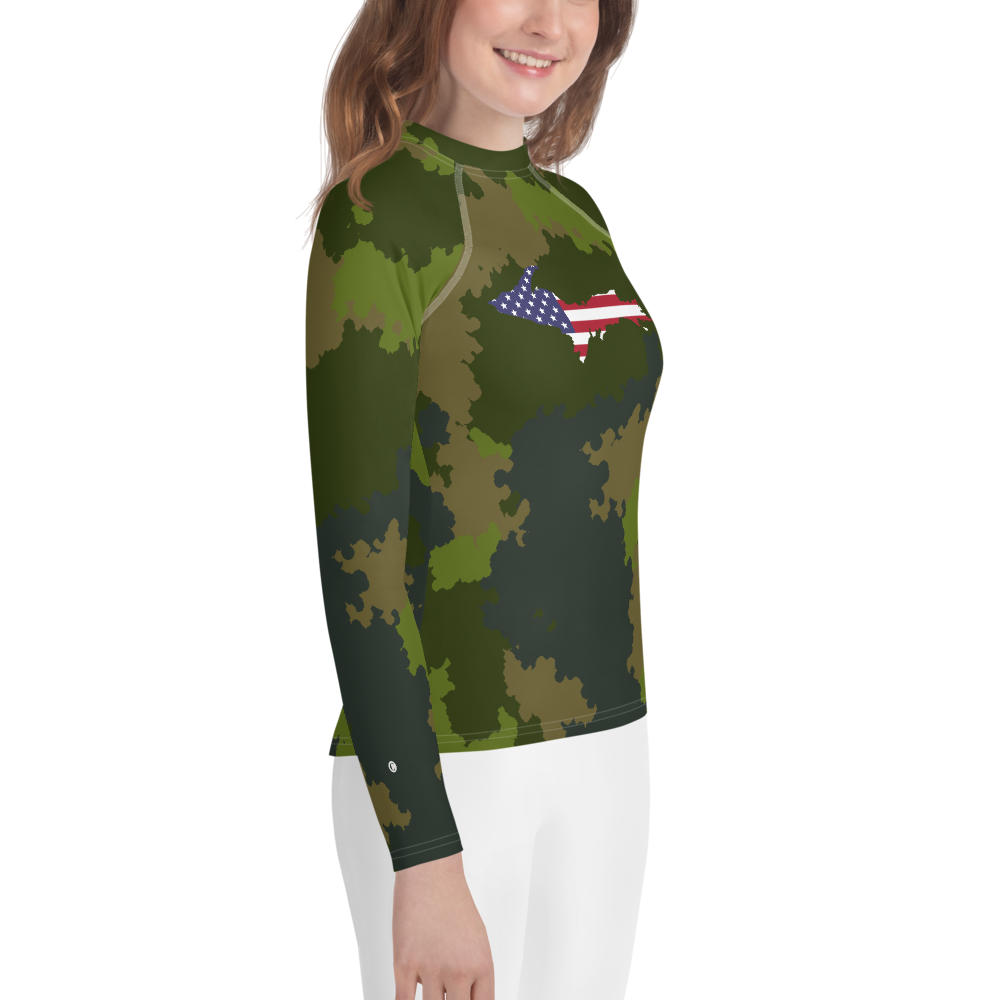 Michigan Upper Peninsula Rash Guard (w/ UP USA Flag) | Youth - Woodland Camo