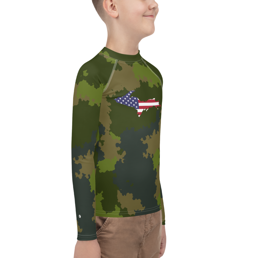 Michigan Upper Peninsula Rash Guard (w/ UP USA Flag) | Youth - Woodland Camo