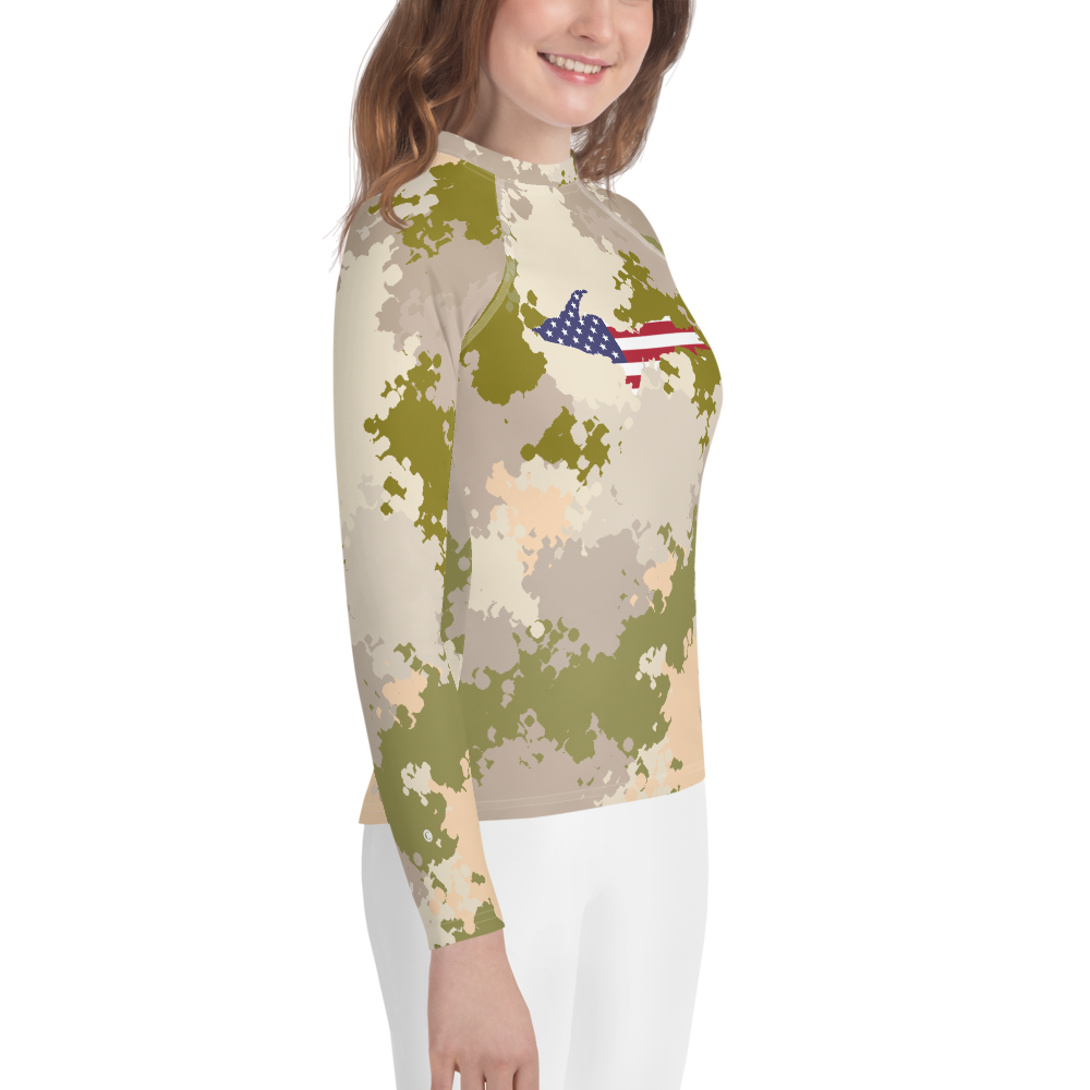 Michigan Upper Peninsula Rash Guard (w/ UP USA Flag) | Youth - Rosy Mound Camo