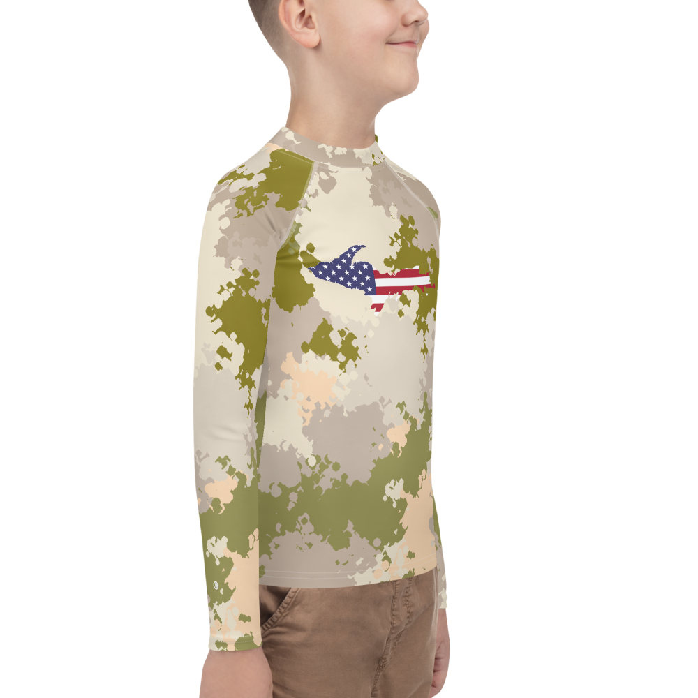 Michigan Upper Peninsula Rash Guard (w/ UP USA Flag) | Youth - Rosy Mound Camo