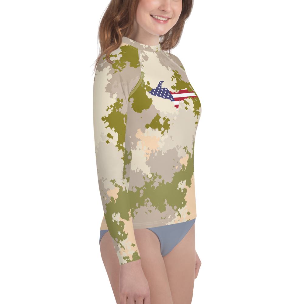 Michigan Upper Peninsula Rash Guard (w/ UP USA Flag) | Youth - Rosy Mound Camo