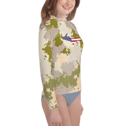 Michigan Upper Peninsula Rash Guard (w/ UP USA Flag) | Youth - Rosy Mound Camo