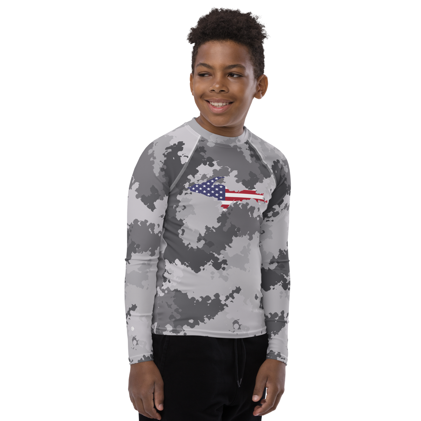 Michigan Upper Peninsula Rash Guard (w/ UP USA Flag) | Youth - Iron Ore Camo