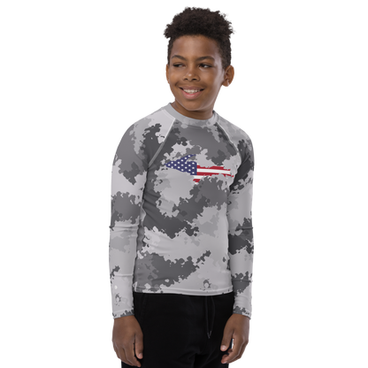 Michigan Upper Peninsula Rash Guard (w/ UP USA Flag) | Youth - Iron Ore Camo