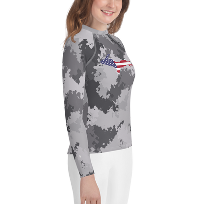 Michigan Upper Peninsula Rash Guard (w/ UP USA Flag) | Youth - Iron Ore Camo