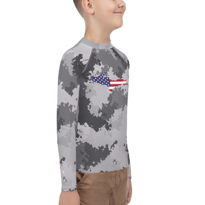 Michigan Upper Peninsula Rash Guard (w/ UP USA Flag) | Youth - Iron Ore Camo