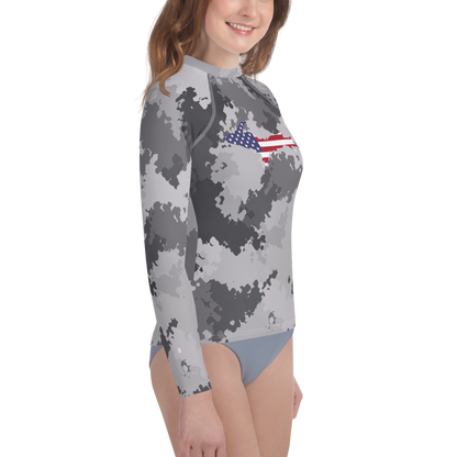 Michigan Upper Peninsula Rash Guard (w/ UP USA Flag) | Youth - Iron Ore Camo